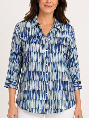 Chico’s Wrinkle Resistant Shirt Women Large Blue Abstract Print Cotton Button Up